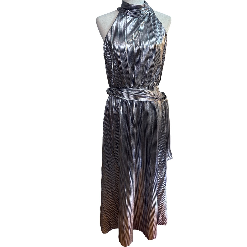Willow‎ Glenn Silver Metallic Pleated Halter Maxi Dress Size 8 NWT WG5M8499